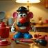 Een vintage Mr. Potato Head met accessoires op een houten tafel.