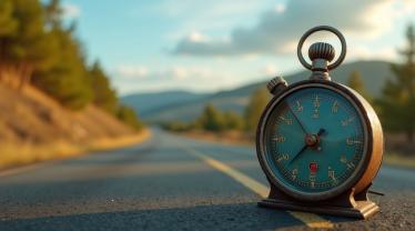 Een vintage odometer met een schilderachtige weg op de achtergrond