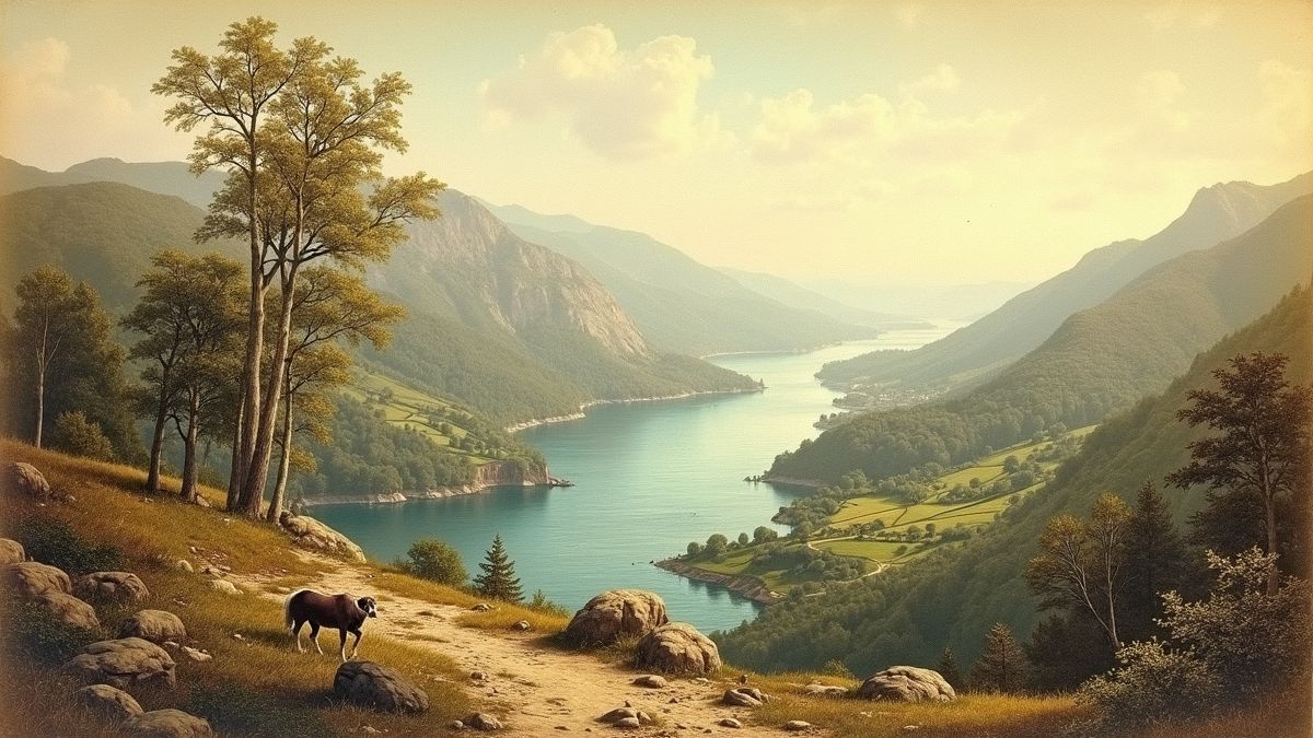 Een vintage postkaart uit de 19e eeuw met schilderachtige landschappen.