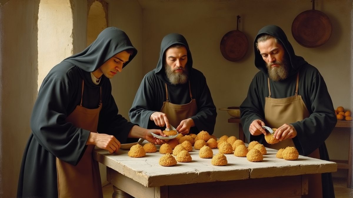 Een vintage schilderij van Italiaanse monniken in een keuken