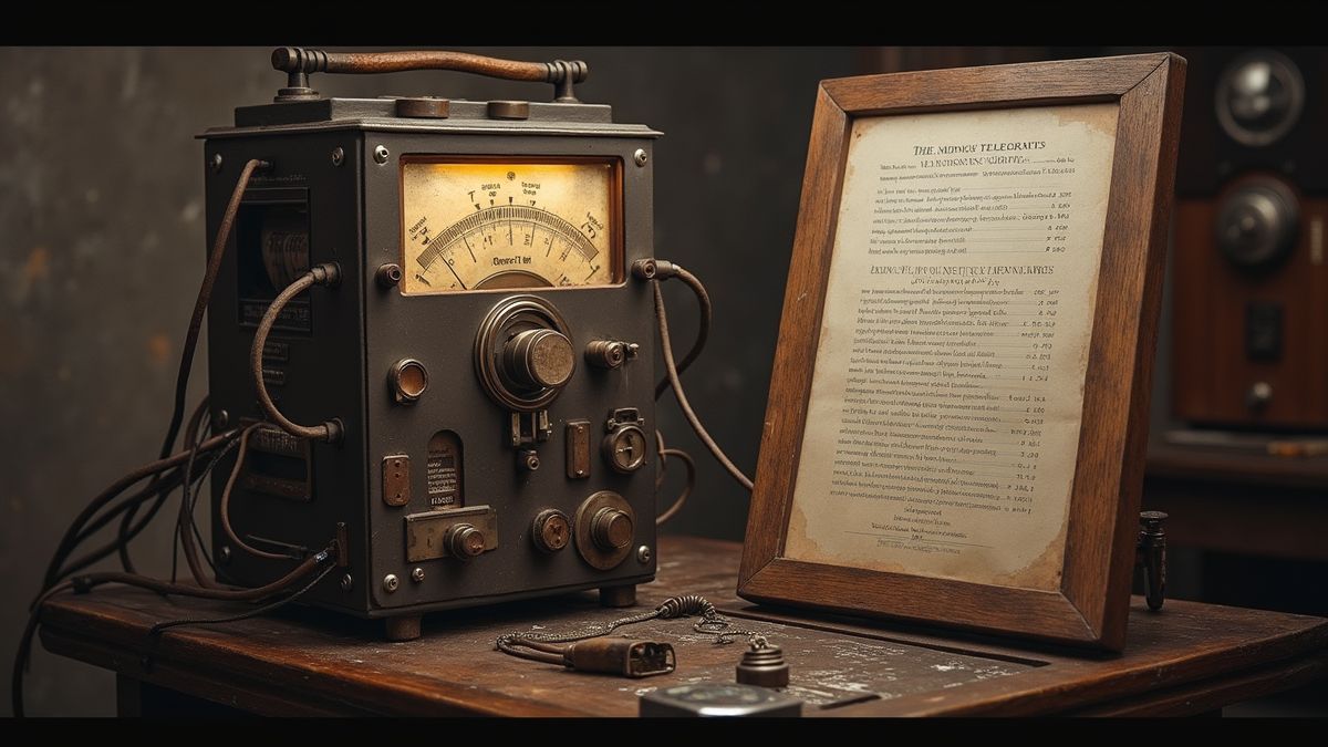 Een vintage telegraafsysteem met draden en een Morsecode kaart.