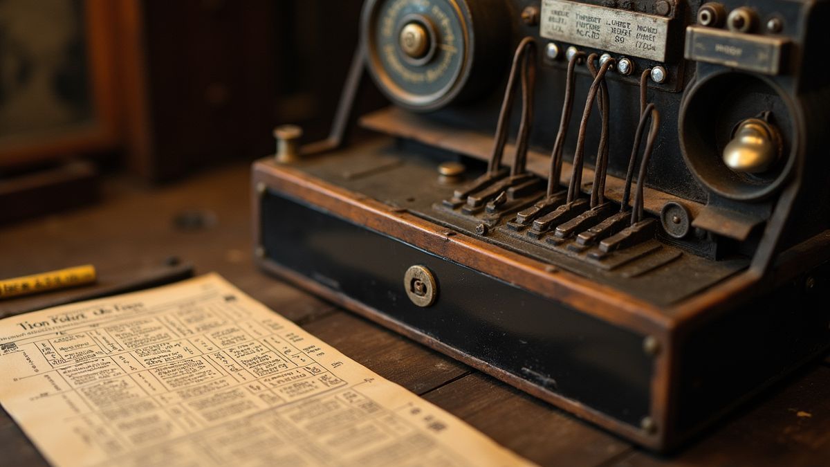 Een vintage telegraafsysteem met draden en een Morsecode kaart.