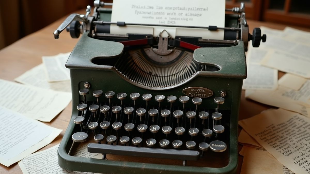 Een vintage typemachine met papieren eromheen