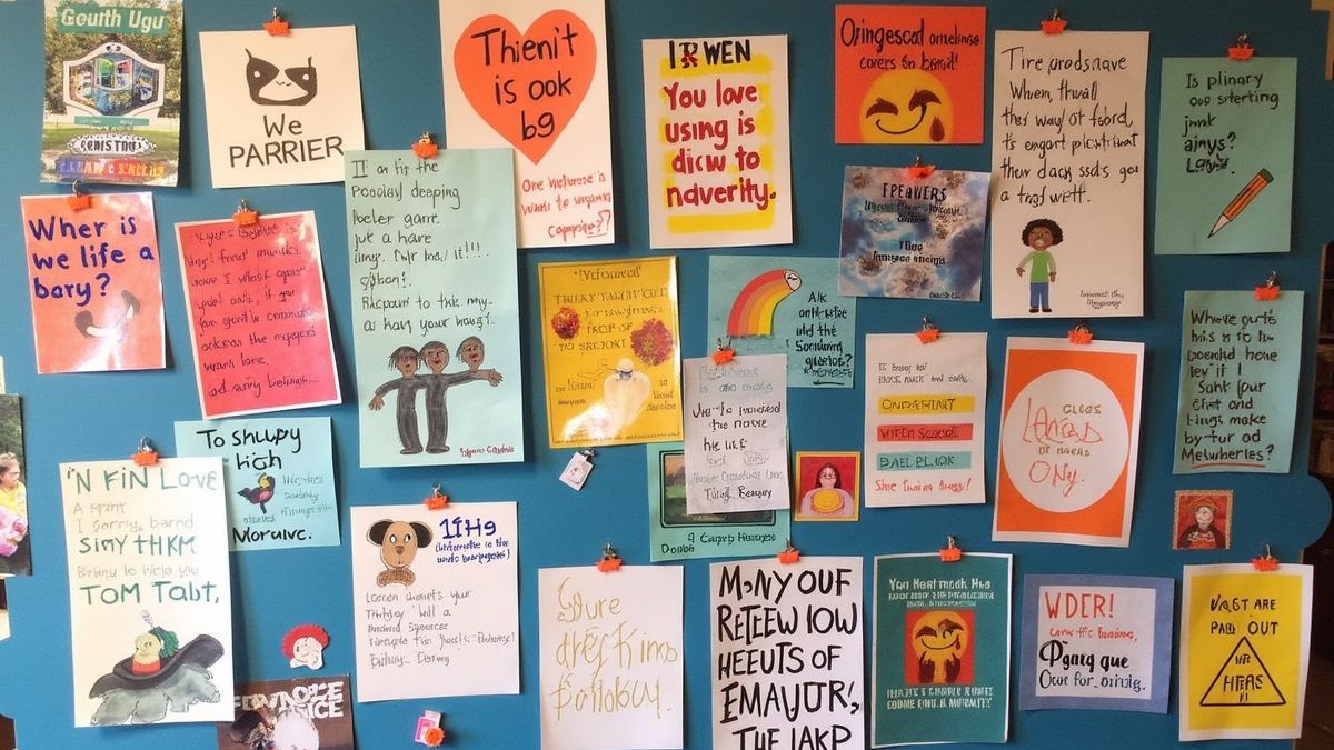 Een vision board met kleurrijke afbeeldingen en positieve woorden