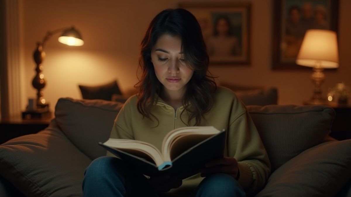 Een volwassene leest een boek in een comfortabele ruimte.