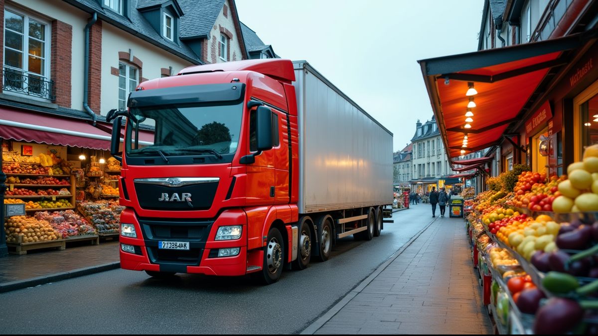Een vrachtwagen levert goederen bij een Belgische supermarkt