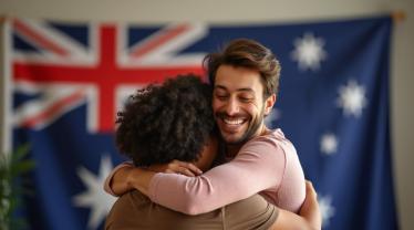 Een vreugdevolle groep mensen die knuffels uitwisselen met de Australische vlag op de achtergrond.