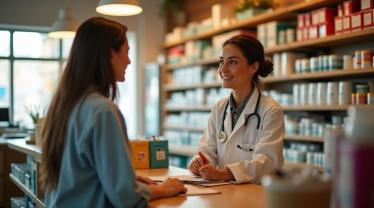 Een vriendelijke apotheker helpt een klant in een apotheek.