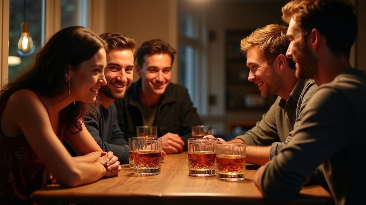 Een vriendengroep die een whiskyproeverij houdt.
