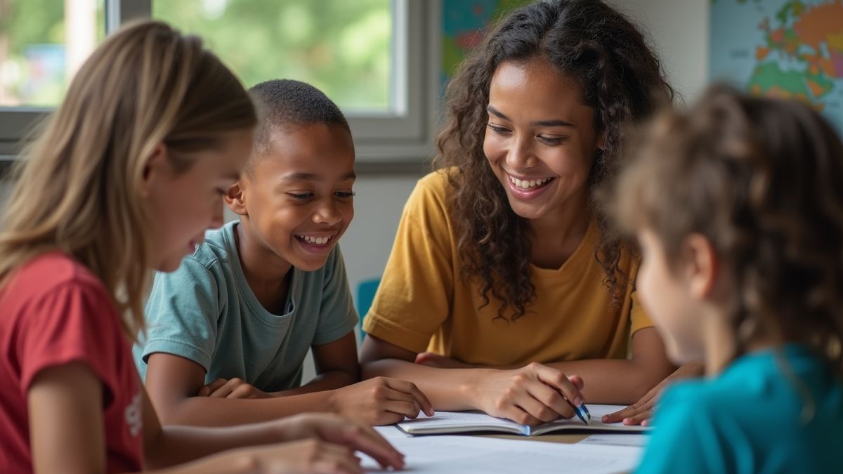 Een vrijwilliger helpt kinderen in een gemeenschapcentrum, met de nadruk op sociale rechtvaardigheid.