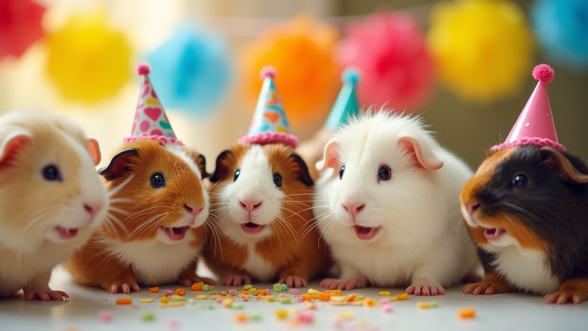 Een vrolijk cavia-feest met kleurrijke decoraties.