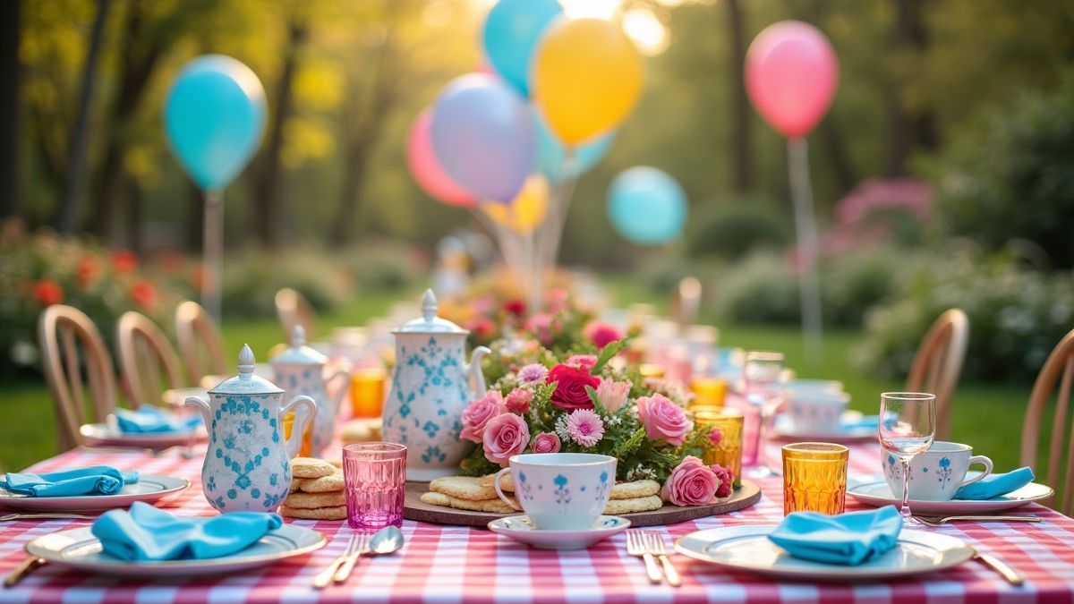 Een vrolijke en kleurrijke theeparty geïnspireerd door Alice in Wonderland.