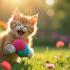 Een vrolijke kat speelt met een speeltje in een zonnige tuin.