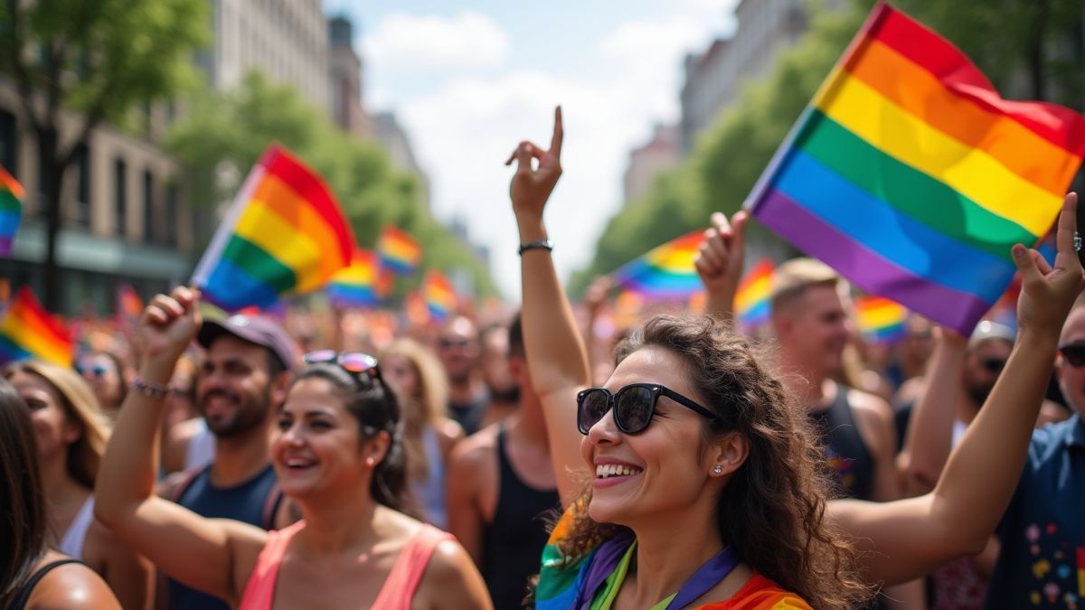 Een vrolijke Pride-parade met kleurrijke regenboogvlaggen.