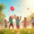 Een vrolijke zomerse scene waarbij kinderen met waterballonnen spelen