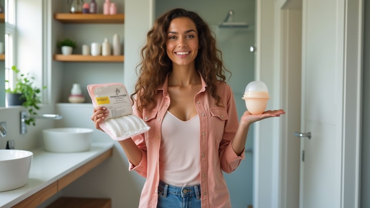 Een vrouw met menstruele producten in een moderne badkamer