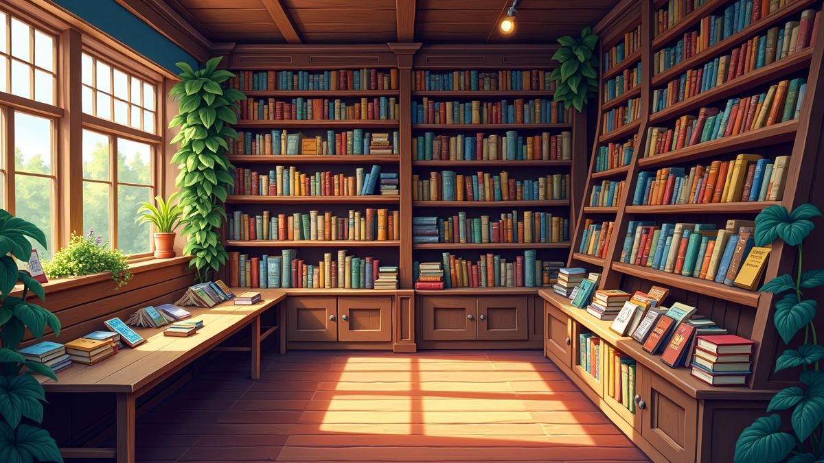 Een warme boekwinkel gevuld met kleurrijke boeken en knusse leeshoeken.