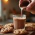 Een warme chocolademelk geschonken in een glazen mok met koekjes eromheen.