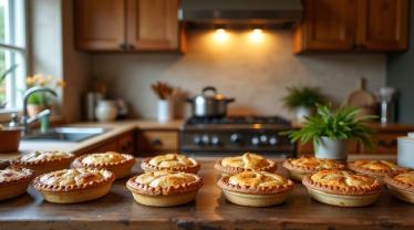 Een warme keuken met vers gebakken taarten op het aanrecht