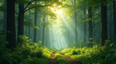 Een weelderig bos met zonlicht dat door de bomen schijnt.