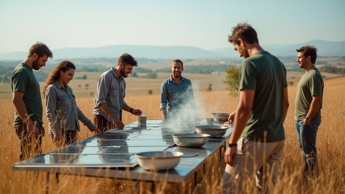 Een workshop zonne-ovens met mensen buiten in een veld