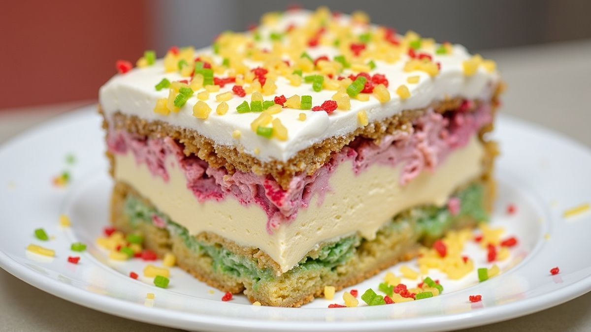 Een zelfgemaakte Spumoni-taart met kleurrijke lagen ijs