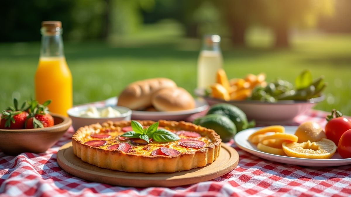 Een zonnige picknick in het park met verschillende hapjes, inclusief een quiche