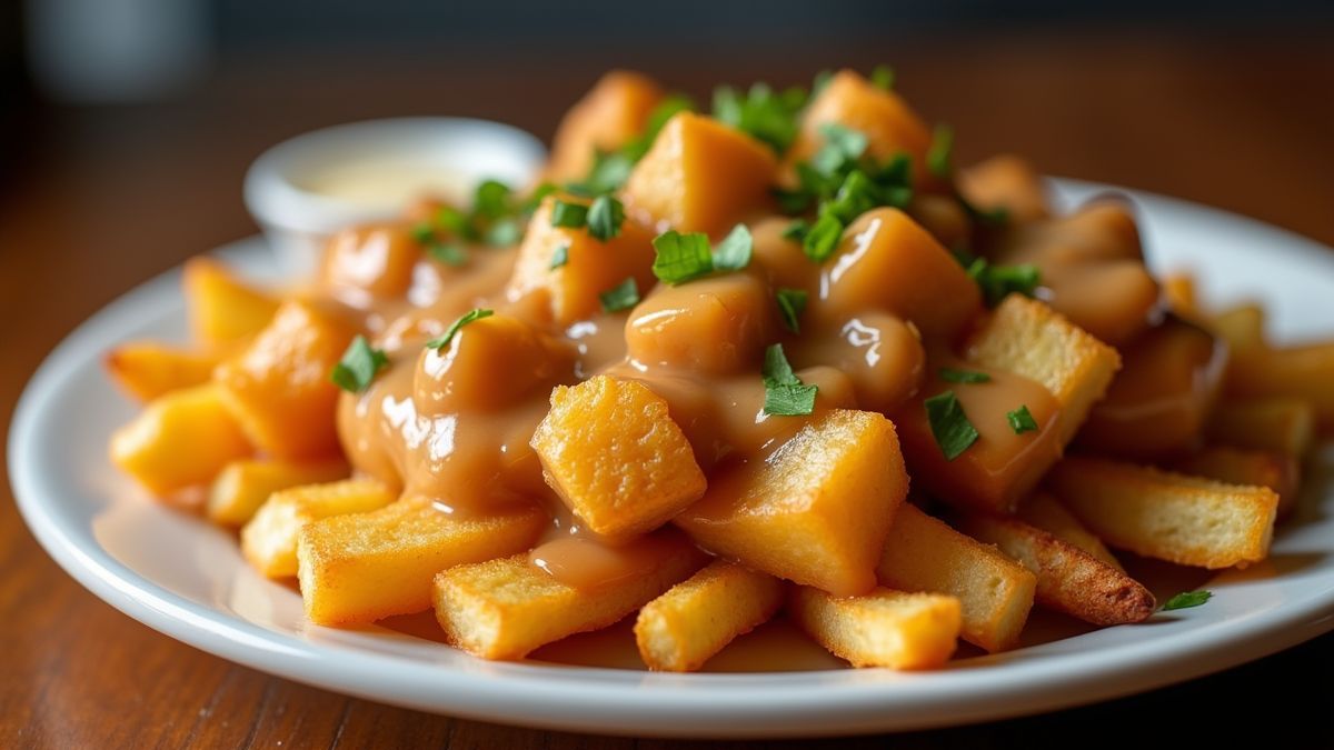 Eerste poutine met kaasstukjes en jus op frieten