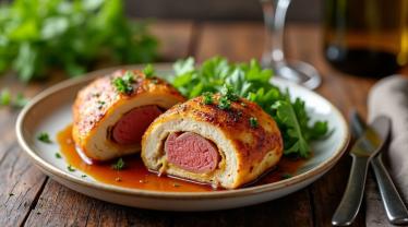 Een bord met Kip Cordon Bleu prachtig gepresenteerd.