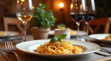 Italiaanse keuken met een kom pasta carbonara