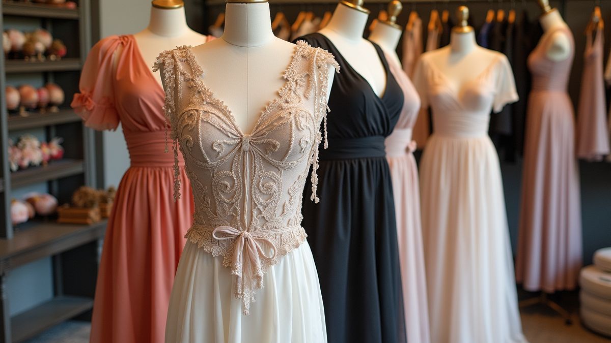 Etalage met Belgische ontwerpjurken.