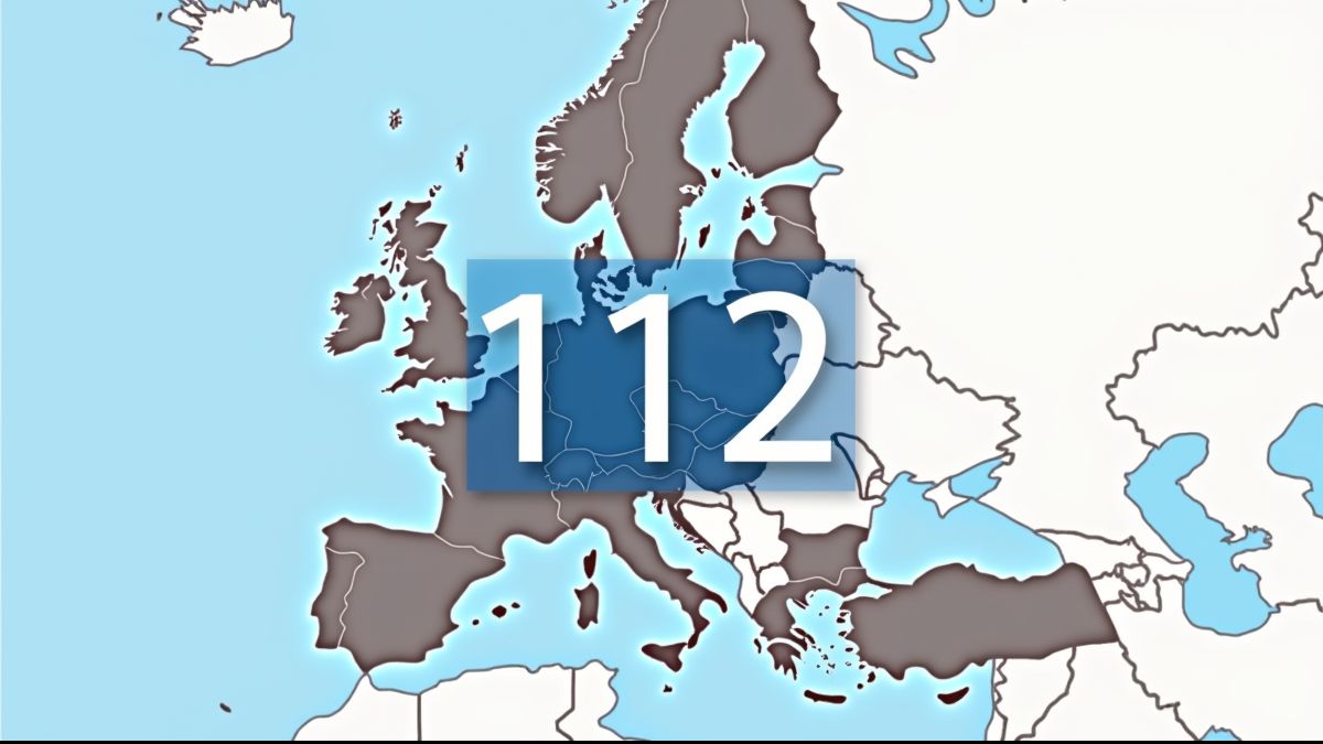Europa kaart met noodnummer 112 symbool.