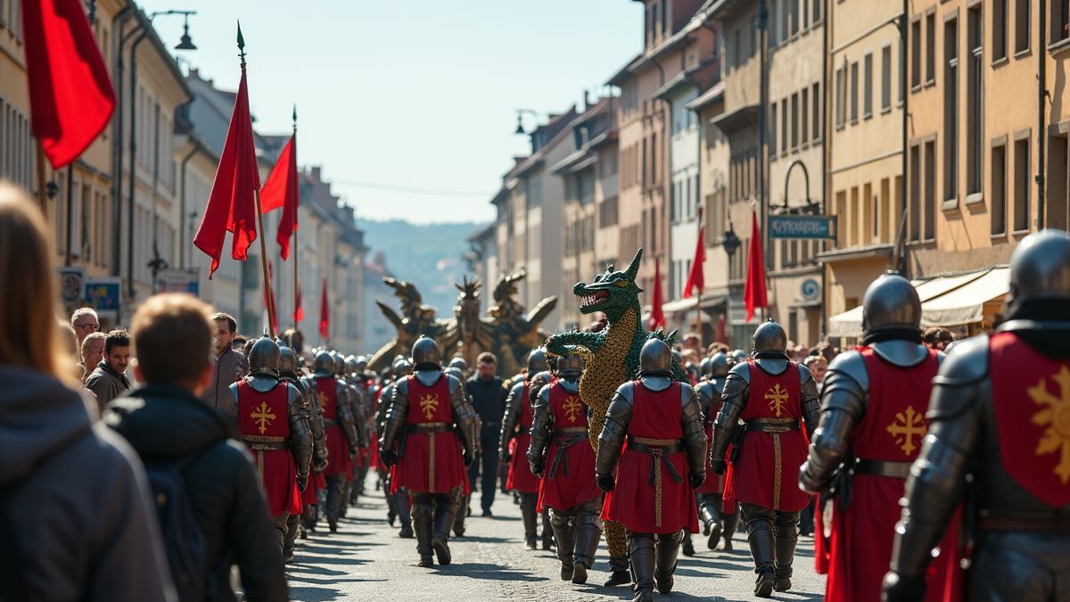 Europees stadsbeeld met middeleeuwse kostuums en draakoptochten.