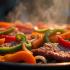 Fajitas sizzelen met paprika's en uien op een grill