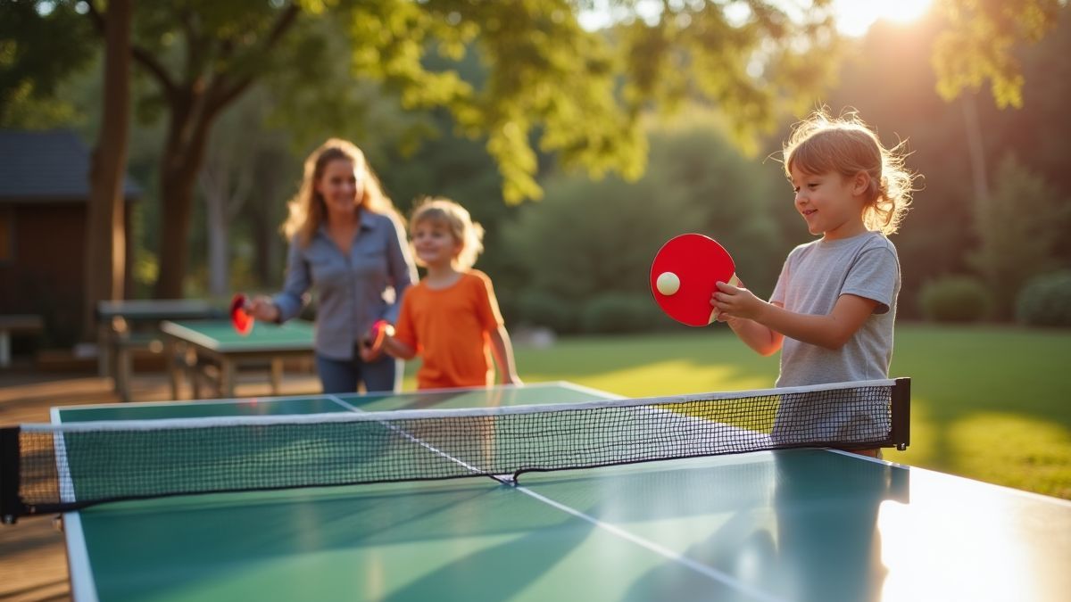 Familie en vrienden spelen tafeltennis buiten op een zonnige dag.