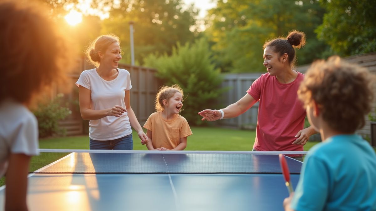 Familie en vrienden spelen tafeltennis buiten op een zonnige dag.