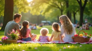 Familie genietend van een picknick in een zonnig Belgisch park.