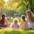 Familie genietend van een picknick in een zonnig Belgisch park.