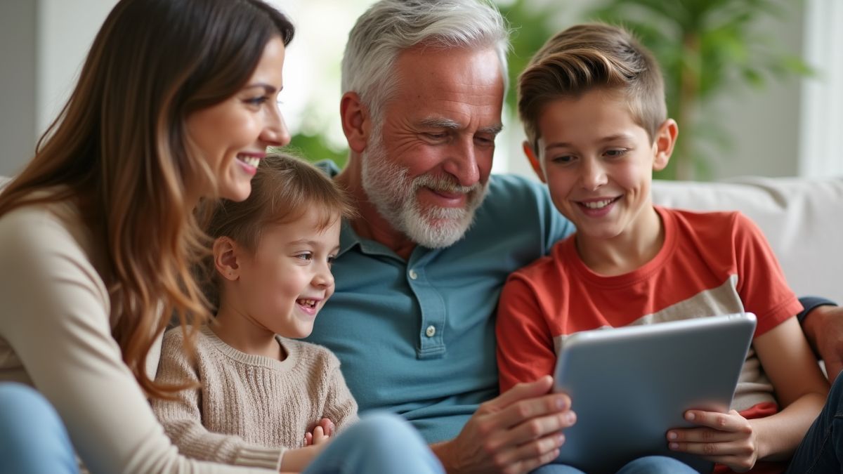Familie leest beoordelingen op een tablet voor een reisboeking.