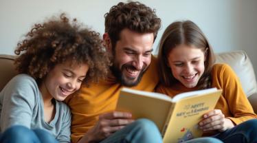 Familie leest een grappig boek