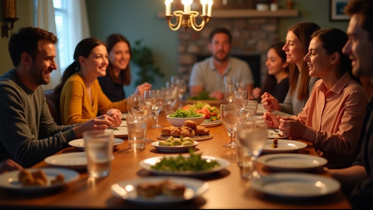 Familie verzameld rond een tafel die een maaltijd delen op Goede Vrijdag