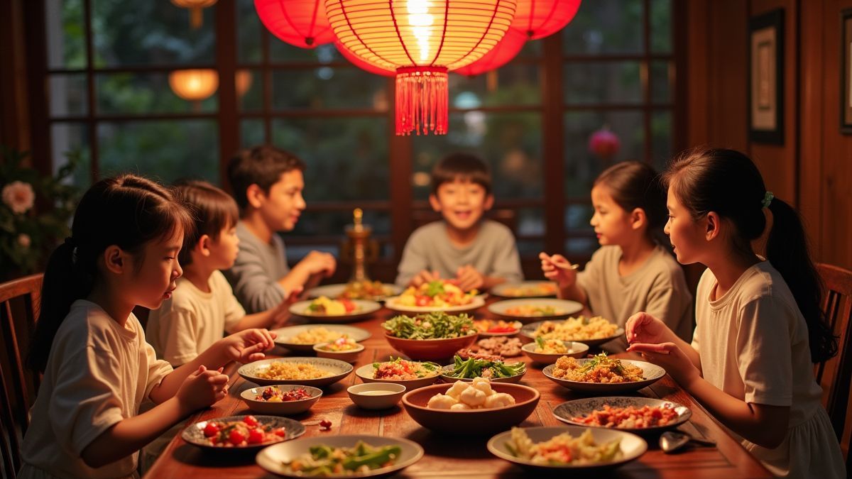 Familie verzamelt rond een tafel met traditionele Chinese gerechten