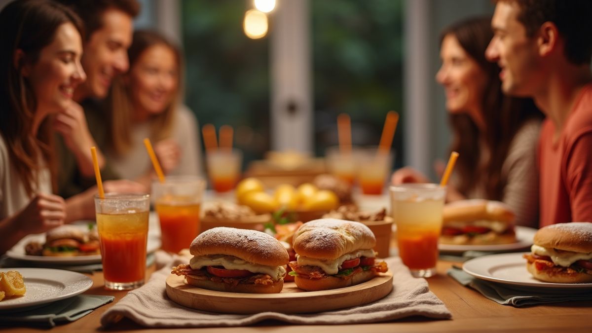 Familiebijeenkomst met Monte Cristo sandwiches en drankjes.