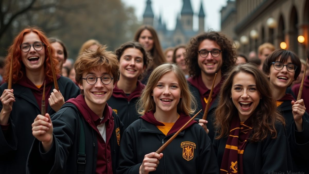 Fans gekleed als Harry Potter-personages met toverstokken.