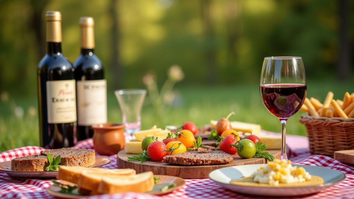 Feestelijke picknick met Franse gerechten en wijn
