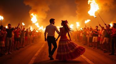 Festa Junina viering met muziek en dans in traditionele kledij.