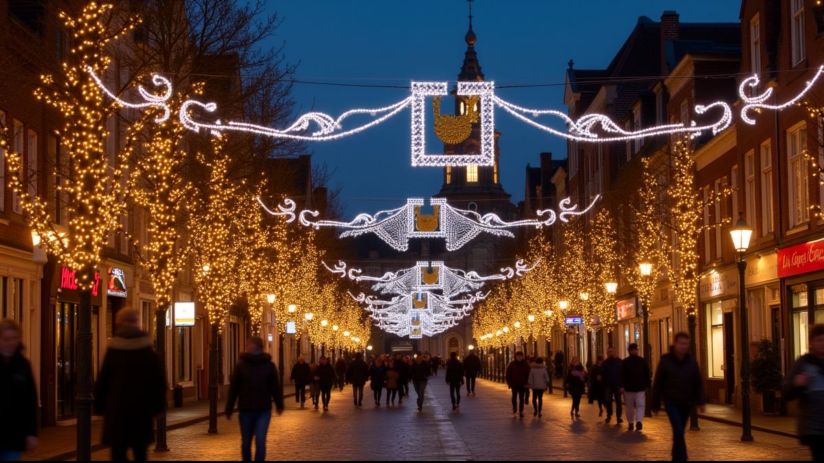 Festive street with Christmas lights