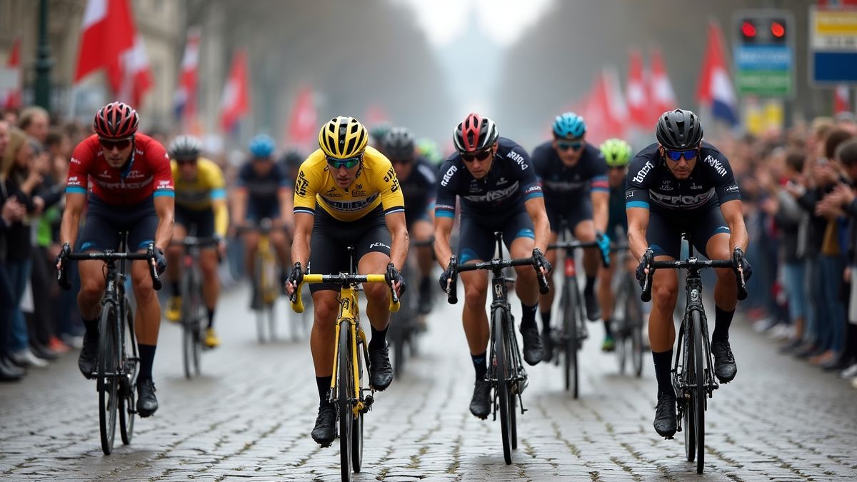 Fietsers in de Ronde van Vlaanderen op kasseien.