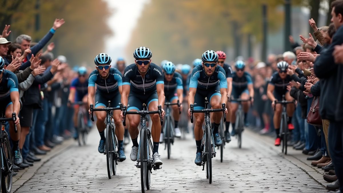 Fietsers in de Ronde van Vlaanderen op kasseien.