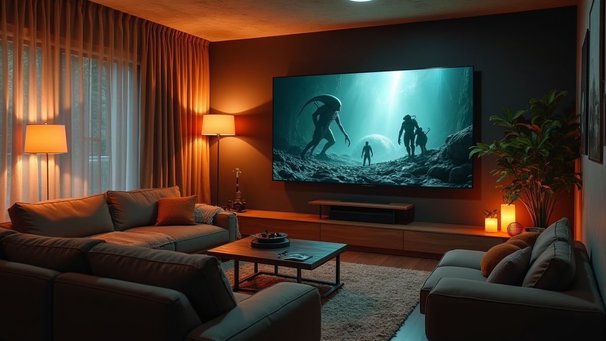 Film marathon setup met Alien films op een grote tv-scherm.